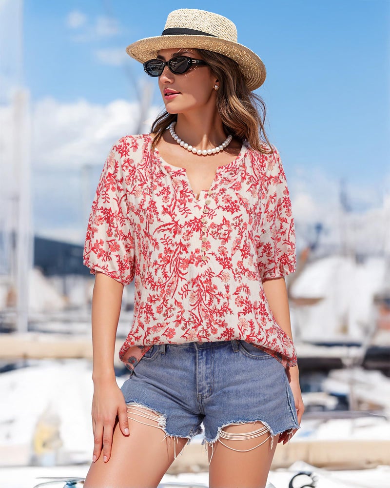 Unixseque Blouses for Women Casual: Womens Shirts Dressy Casual - Peasant Blouses for Women - V Neck Short Sleeve Linen Shirts 2025 Travel Cute Top Summer Clothes Beach Tops Multi Red Floral L - Image 3