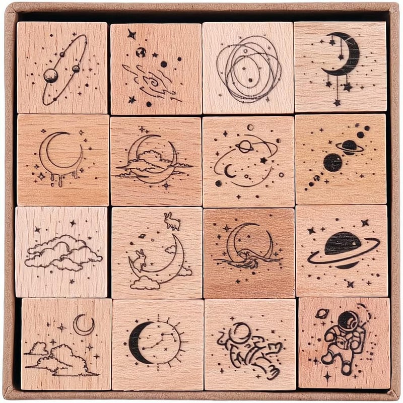 Wooden Rubber Stamps, Universe and Galaxy Decorative Rubber Stamp Set, Wood Mounted Rubber Stamps for Arts Crafts, Bullet Journals, Card Making, Scrapbooking, Diary, Letter, 16 Pieces - Image 1