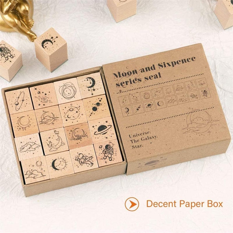 Wooden Rubber Stamps, Universe and Galaxy Decorative Rubber Stamp Set, Wood Mounted Rubber Stamps for Arts Crafts, Bullet Journals, Card Making, Scrapbooking, Diary, Letter, 16 Pieces - Image 4