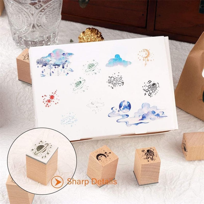 Wooden Rubber Stamps, Universe and Galaxy Decorative Rubber Stamp Set, Wood Mounted Rubber Stamps for Arts Crafts, Bullet Journals, Card Making, Scrapbooking, Diary, Letter, 16 Pieces - Image 2