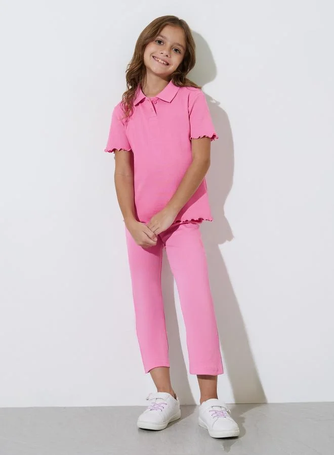 ستايلي Girls Pink Ribbed Polo T-Shirt with Lettuce Hem