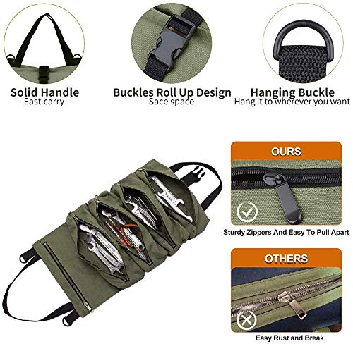 Hersent Super Roll Tool Roll Multi-Purpose Roll Up Tool Bag  Wrench Roll Canvas Tool Organizer Bucket Car First Aid Kit Wrap Roll Storage Case Hanging Tool Zipper Carrier Tote Car Camping Gear - Image 3
