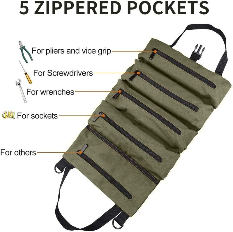 Hersent Super Roll Tool Roll Multi-Purpose Roll Up Tool Bag  Wrench Roll Canvas Tool Organizer Bucket Car First Aid Kit Wrap Roll Storage Case Hanging Tool Zipper Carrier Tote Car Camping Gear - Image 4