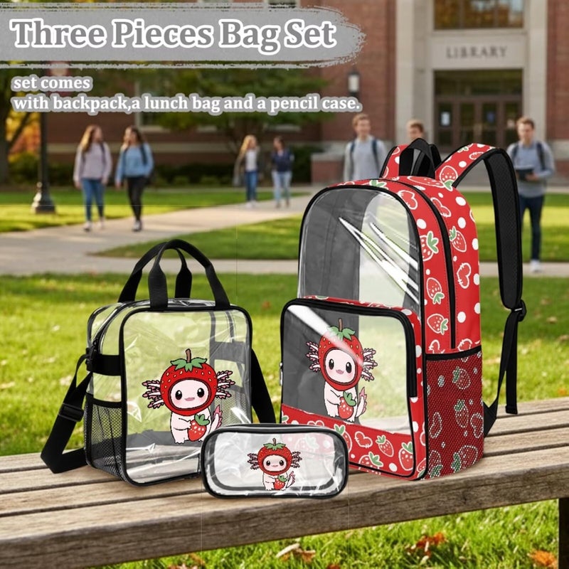 HUIACONG Strawberry Axolotl Clear Backpack for Girls Cute Pink See Through Bookbag with Lunch Pouch for Kids Elementary School - Image 3