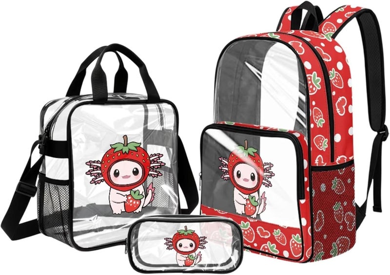HUIACONG Strawberry Axolotl Clear Backpack for Girls Cute Pink See Through Bookbag with Lunch Pouch for Kids Elementary School - Image 1