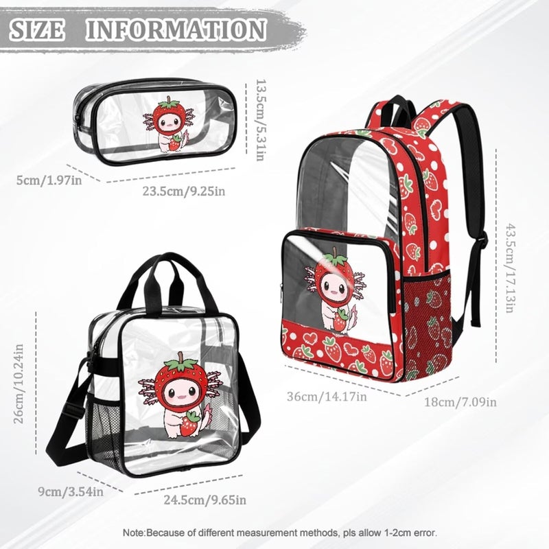 HUIACONG Strawberry Axolotl Clear Backpack for Girls Cute Pink See Through Bookbag with Lunch Pouch for Kids Elementary School - Image 2