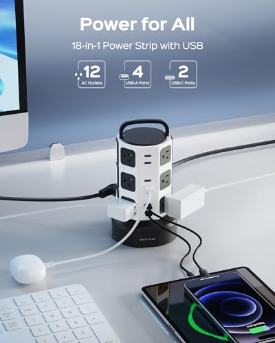 JACKYLED Power Strip Tower Surge Protector, JACKYLED 12 Outlets 6 USB (2 USB C) Charging Station, Extension Cord with Multiple Outlets, 1050J 1625W/13A Outlet Extender 6.5ft Extension Cord for Home Office - Image 2