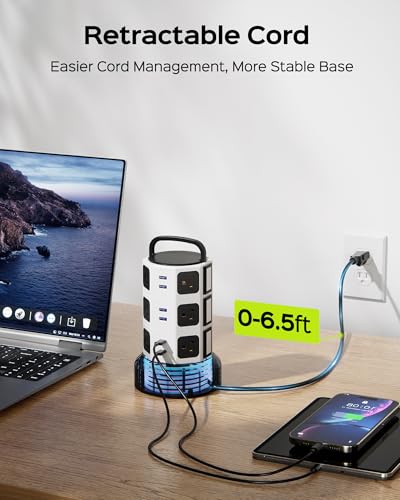 JACKYLED Power Strip Tower Surge Protector, JACKYLED 12 Outlets 6 USB (2 USB C) Charging Station, Extension Cord with Multiple Outlets, 1050J 1625W/13A Outlet Extender 6.5ft Extension Cord for Home Office - Image 3
