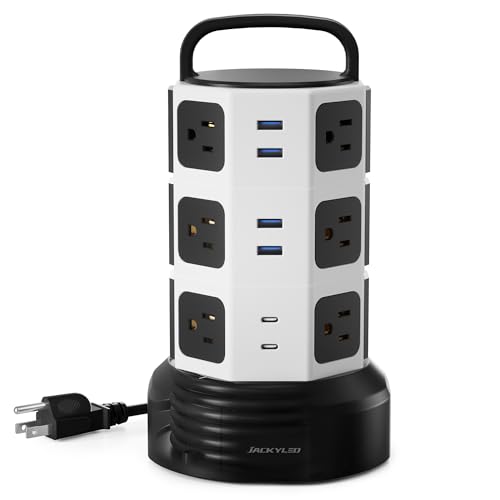 JACKYLED Power Strip Tower Surge Protector, JACKYLED 12 Outlets 6 USB (2 USB C) Charging Station, Extension Cord with Multiple Outlets, 1050J 1625W/13A Outlet Extender 6.5ft Extension Cord for Home Office - Image 1