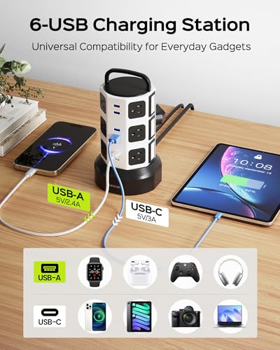 JACKYLED Power Strip Tower Surge Protector, JACKYLED 12 Outlets 6 USB (2 USB C) Charging Station, Extension Cord with Multiple Outlets, 1050J 1625W/13A Outlet Extender 6.5ft Extension Cord for Home Office - Image 5