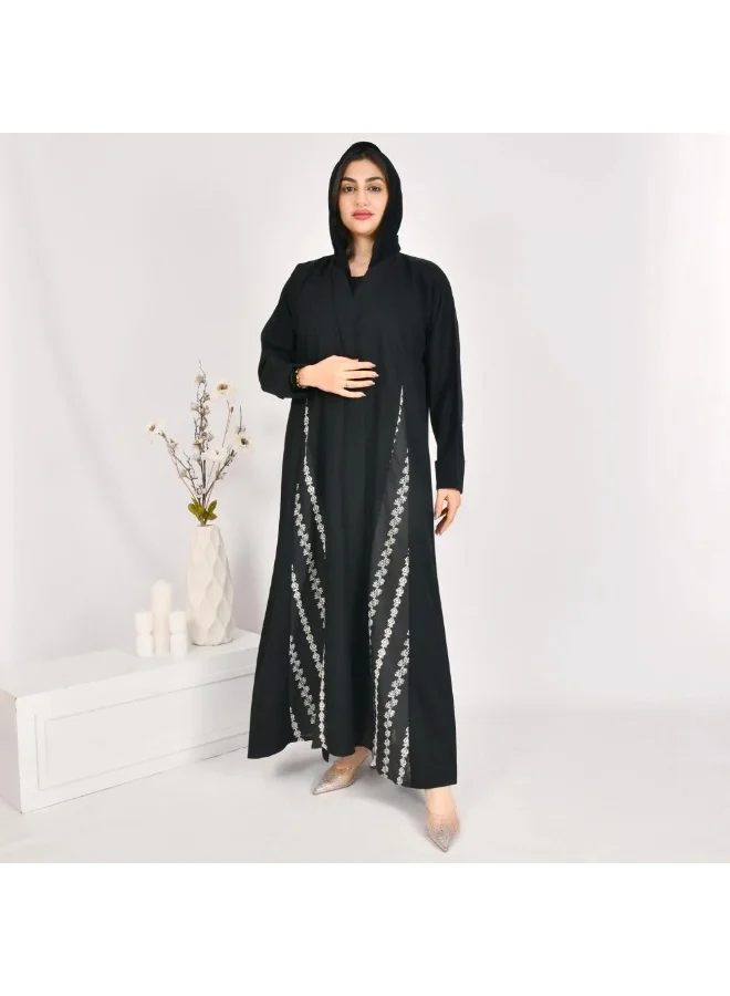 lamha abaya Black cloche abaya with striped jacquard fabric and white embroidery