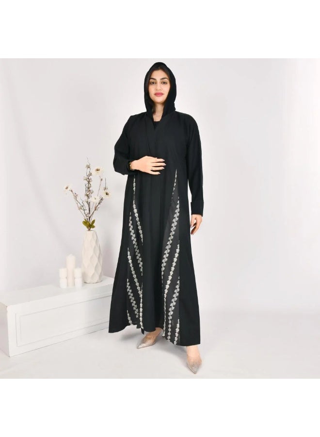 beyond abaya Black cloche abaya with striped jacquard fabric and white embroidery - Image 1