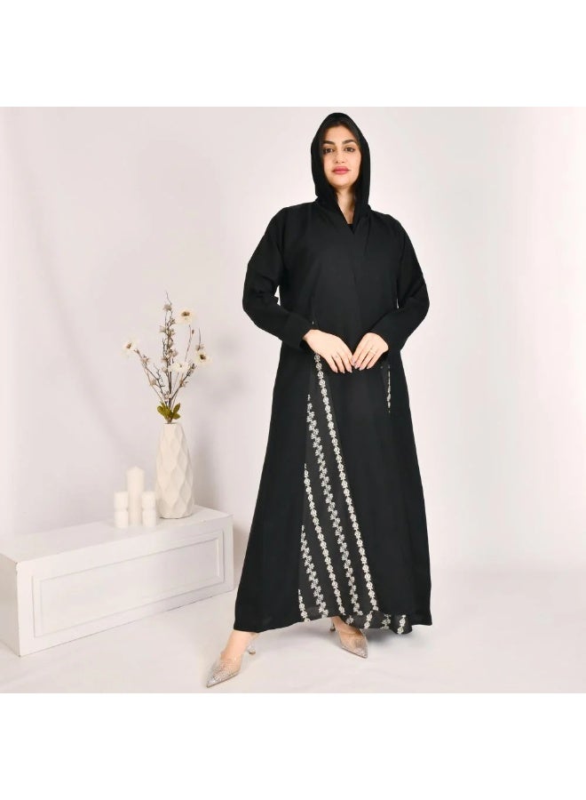 beyond abaya Black cloche abaya with striped jacquard fabric and white embroidery - Image 3