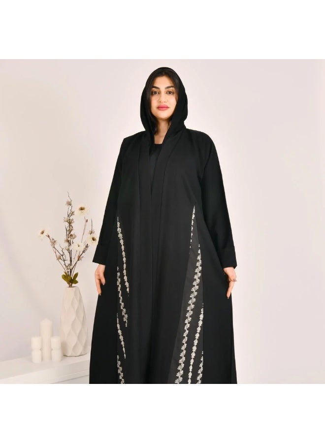 beyond abaya Black cloche abaya with striped jacquard fabric and white embroidery - Image 2