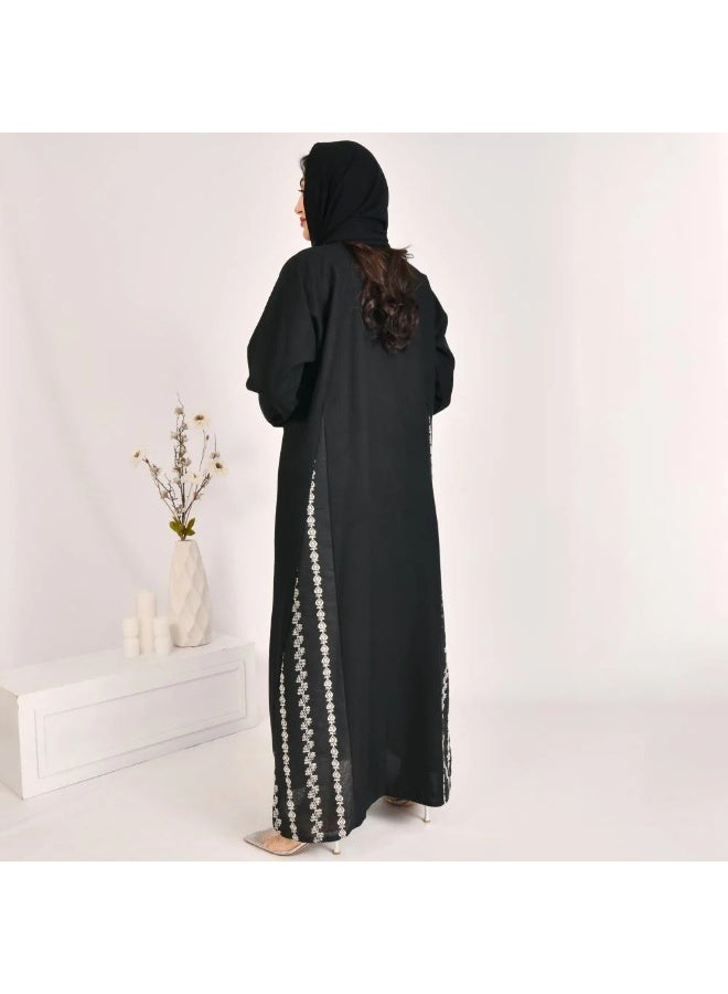 beyond abaya Black cloche abaya with striped jacquard fabric and white embroidery - Image 5