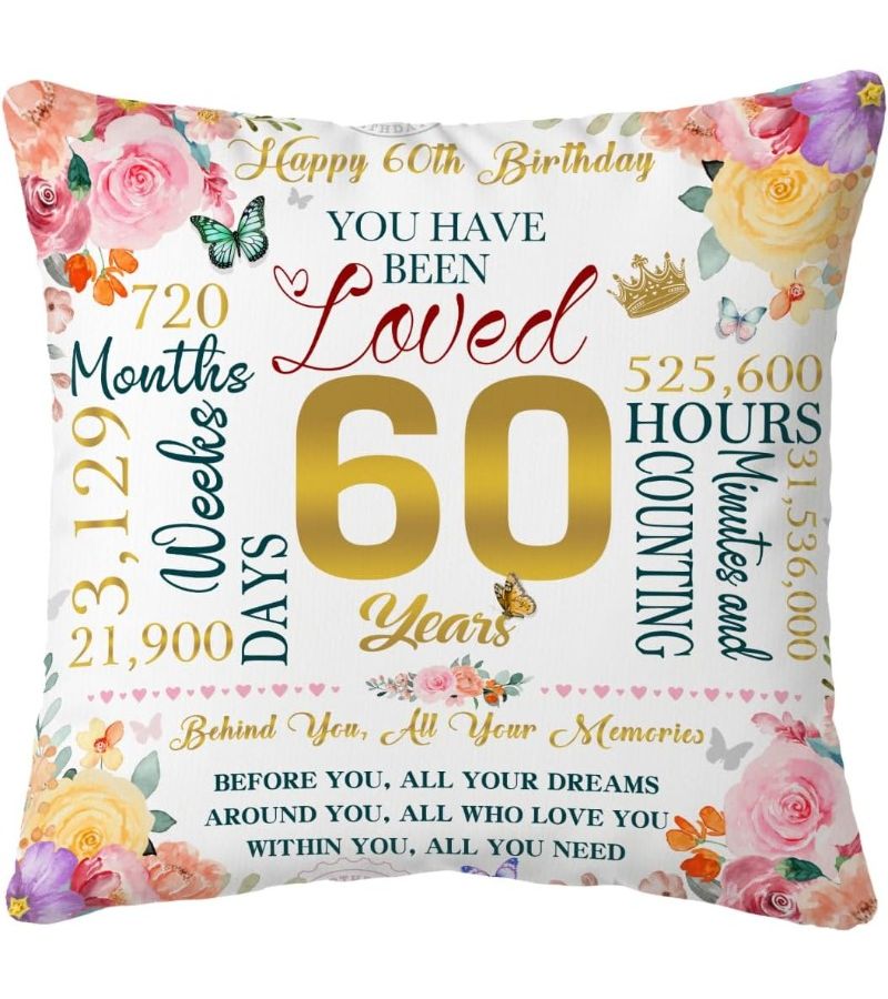 وسادة عيد ميلاد سعيد الـ60، مقاس 18x18 بوصة، تصميم ثنائي الأبعاد، للنساء، الأم، الزوجة، الجدة، الصديقة - Image 1