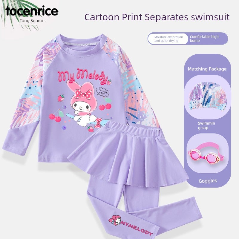 Kuromi girls' swimsuit long-sleeved pants split-type medium-sized children's quick-drying sunscreen swimsuit hot spring dual-use set - Image 2