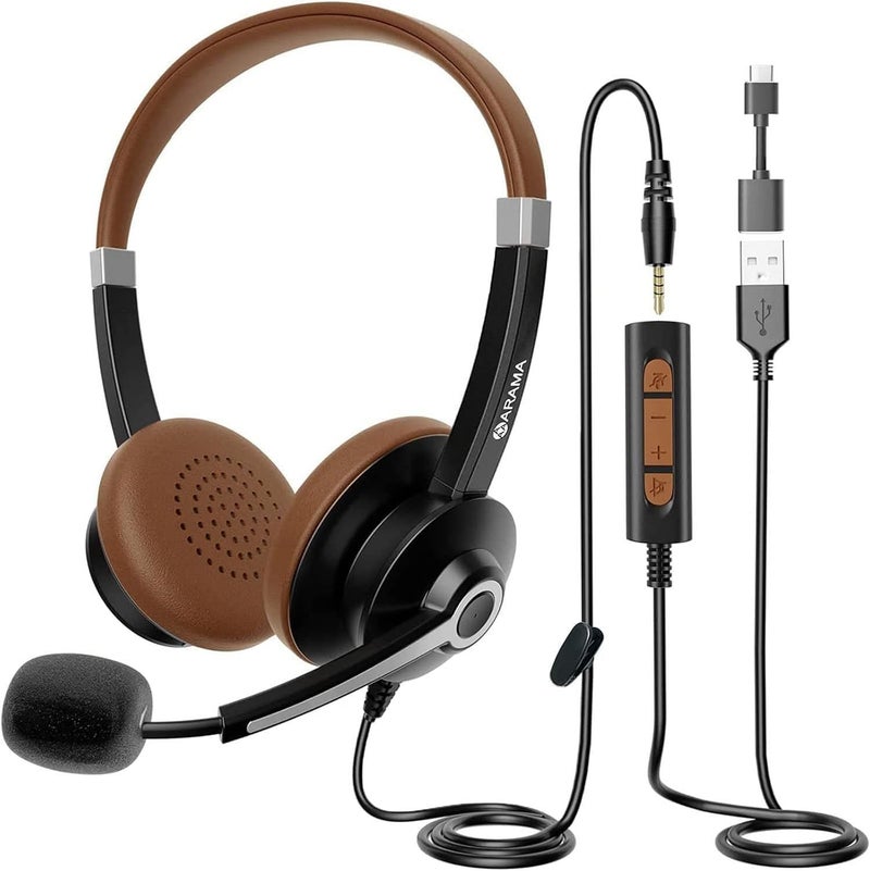 Arama USB Headset with Microphone for PC Computer Headset with Noise-Canceling Mic & in-Line Controls, Connects to PC/Cellphone/Tablet, via USB-A/USB-C/3.5mm Jack - Image 1