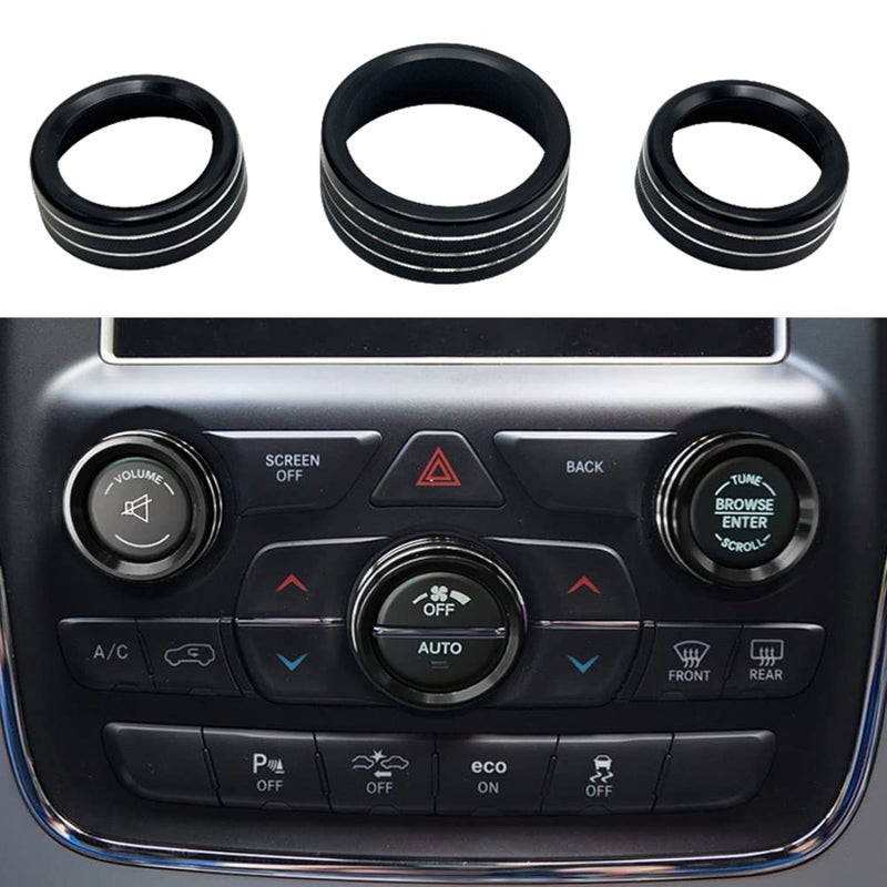 Air Conditioner Knob Covers: 3 Pieces Black Aluminum Alloy - Anti-slip Texture Durable Full Coverage for Dodge Durango Jeep Cherokee Grand Cherokee Dodge Challenger Charger Journey Chrysler 200 2014-2 - Image 1