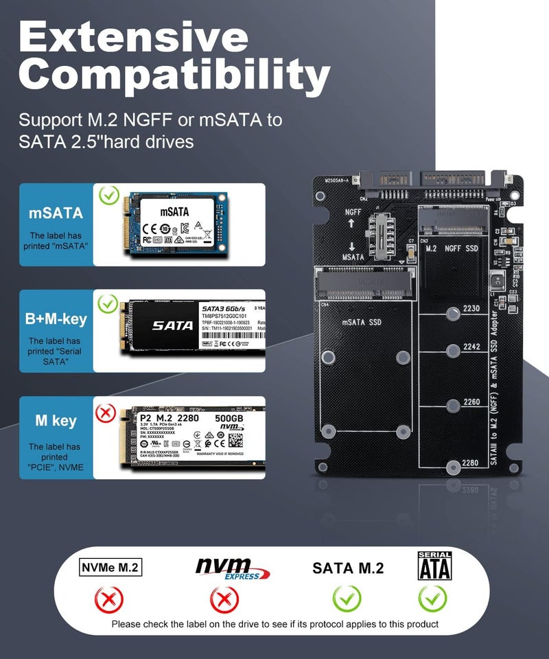 ETZIN محول NGFF M.2 إلى SATA، بطاقة محول SATA M.2 + MSATA SSD إلى قرص صلب SATA للكمبيوتر، يدعم وحدات M.2 بأحجام 2280 و 2260 و 2242 و 2230 - EPL-423HS. - Image 2