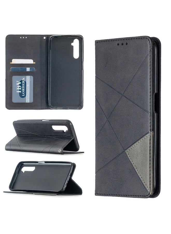 HuHa Case Cover For Realme 6 Pro Rhombus Texture Horizontal Flip Magnetic Leather Case with Holder & Card Slots Black 