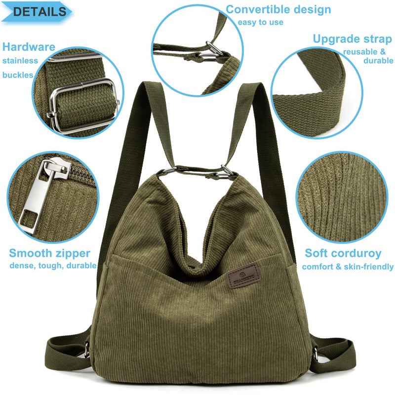 Wytidian Corduroy Tote Backpack Crossbody Bag for Women, Convertible Shoulder Bags Designer Handbag for College, Work (Green) - Image 5