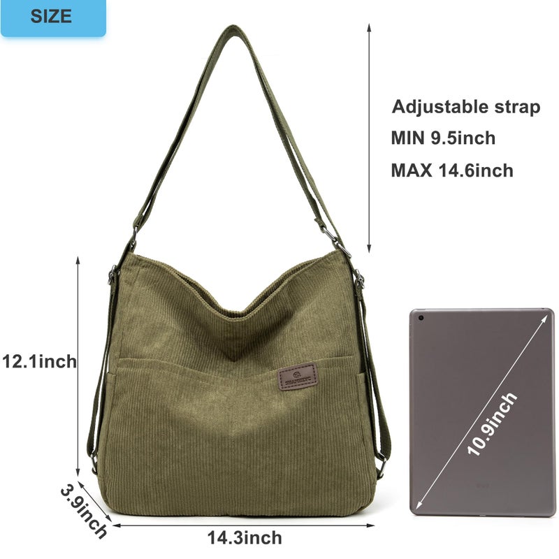 Wytidian Corduroy Tote Backpack Crossbody Bag for Women, Convertible Shoulder Bags Designer Handbag for College, Work (Green) - Image 2