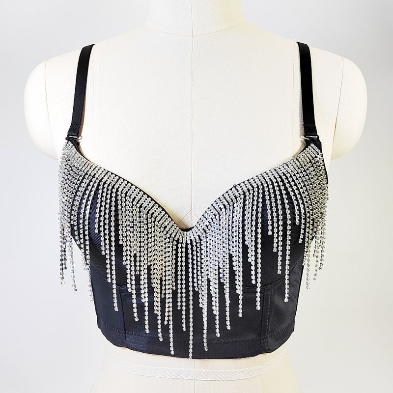 Beaded Fringe Crop Top Bralette for Party Black  - Image 1