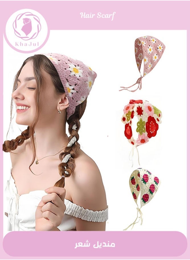 KHAJUL 3PCS Crochet Bandanas Headbands Cute Flowers Hairbands Pink Knitted Headscarf Green Daisy Head Scarf Foral Headwrap Y2k Aesthetic Accessories - Image 1