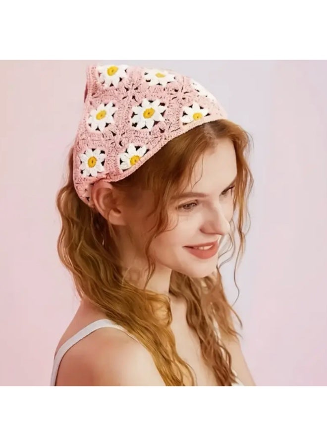 KHAJUL 3PCS Crochet Bandanas Headbands Cute Flowers Hairbands Pink Knitted Headscarf Green Daisy Head Scarf Foral Headwrap Y2k Aesthetic Accessories - Image 5