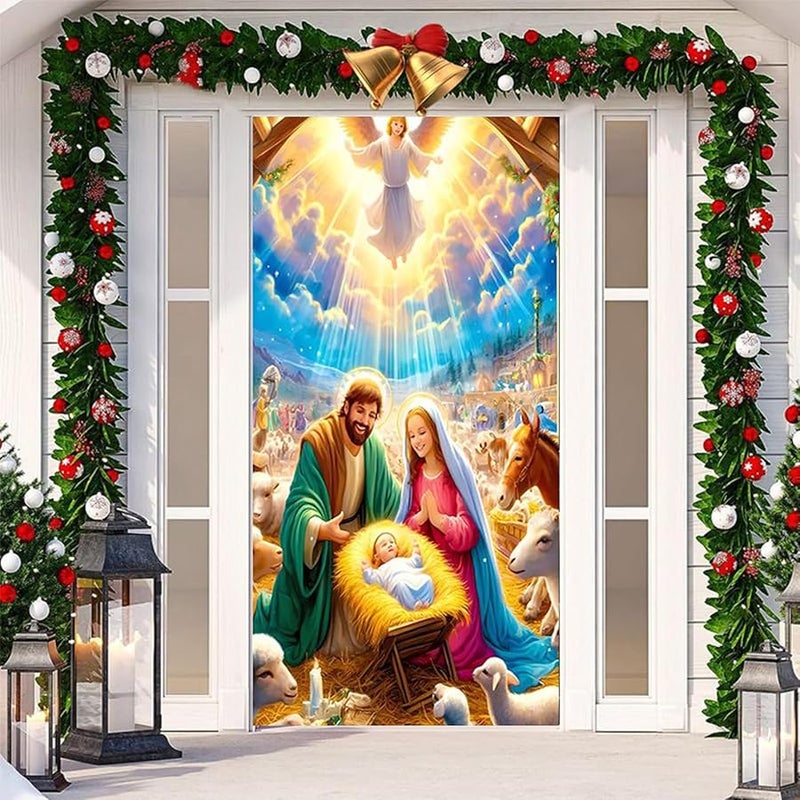 Christmas Nativity Scene Door Cover Fabric Religious Home Decor Holiday Party - Image 4