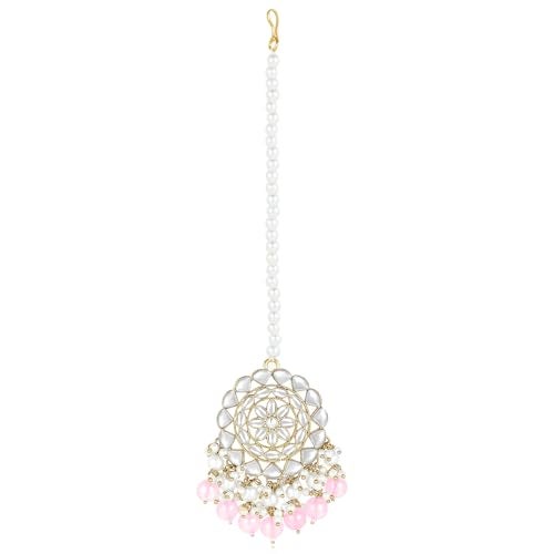 Peora Gold Plated Kundan & Pink Beads Studded Choker Necklace Dangle Earrings & Maangtikka Set Ethnic Jewellery for Women & Girls - Image 5