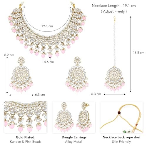 Peora Gold Plated Kundan & Pink Beads Studded Choker Necklace Dangle Earrings & Maangtikka Set Ethnic Jewellery for Women & Girls - Image 4