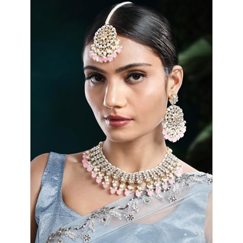 Peora Gold Plated Kundan & Pink Beads Studded Choker Necklace Dangle Earrings & Maangtikka Set Ethnic Jewellery for Women & Girls - Image 2