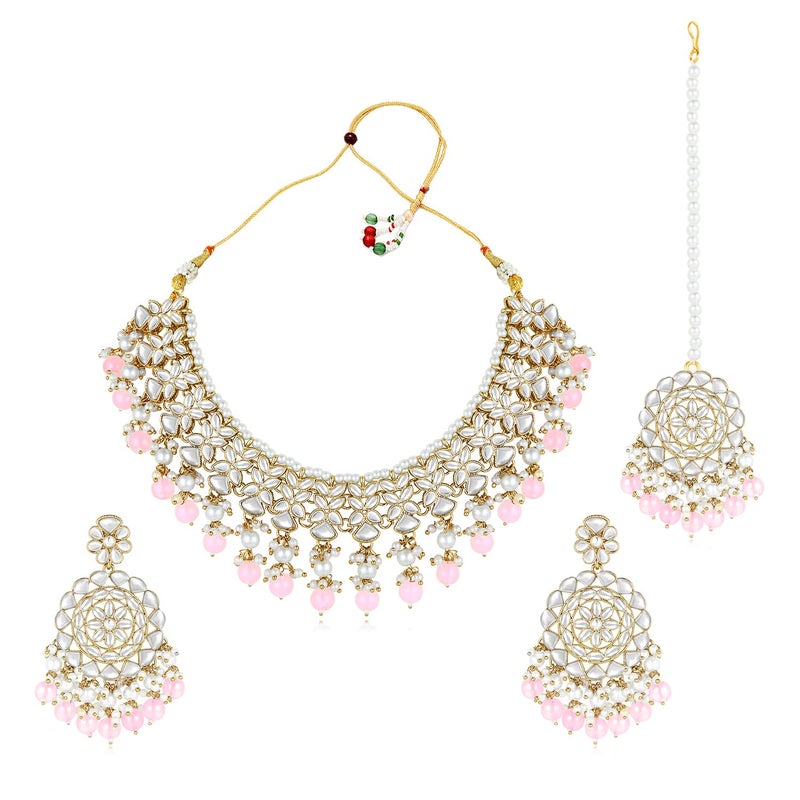 Peora Gold Plated Kundan & Pink Beads Studded Choker Necklace Dangle Earrings & Maangtikka Set Ethnic Jewellery for Women & Girls - Image 3