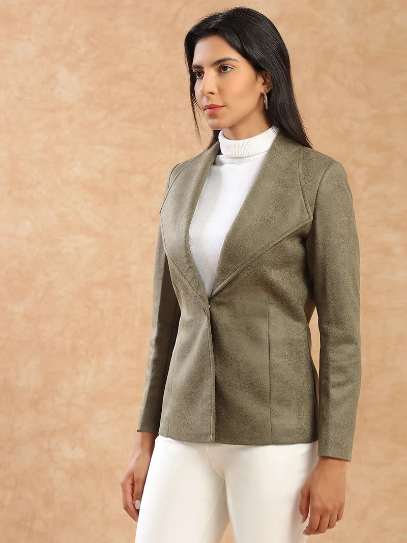 جلو باص معطف نسائي طويل بياقة شال من جلد الغزال بتصميم ذاتي وجيوب ناعمة للشتاء