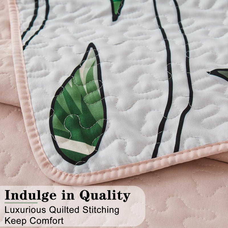 Yogeneg Queen Quilt Bedding Set,White Green Botanical Pattern Blush Full/Queen Quilt Set,3 Piece Lightweight Soft Summer Bedspread Coverlet with 2 PIillow Shams,All Season(Blush,90"x96") - Image 5