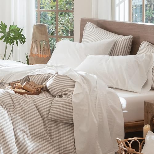 MooMee Bedding Sheet Set 100 Washed Cotton Linen Like Textured Breathable Durable Soft Comfy Solid Off White Queen