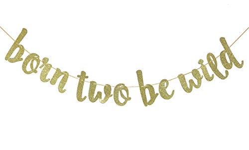 FOZEE Born Two Be Wild Glitter Banner, Two Years Old Banner, 2nd Birthday Party Decor (Gold) - Image 1