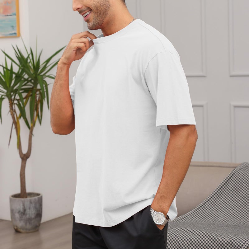 Opomelo Men's Cotton Oversized T-Shirts Workout Short Sleeve Tshirts Crewneck Basic Tee Casual Lightweight Tops White - Image 3