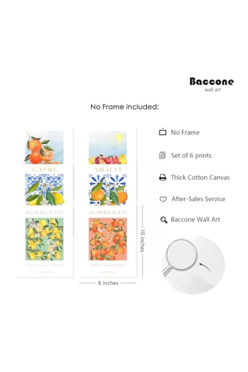 Baccone Fruit Wall Art Kitchen Artwork Wall Decor Fruit Prints Colorful Lemon Canvas Wall Art Vintage Pictures Fruit Market Poster Lemon Orange Prints Set of 6 for Room Bedroom 8x10 Inch Unframed - Image 2