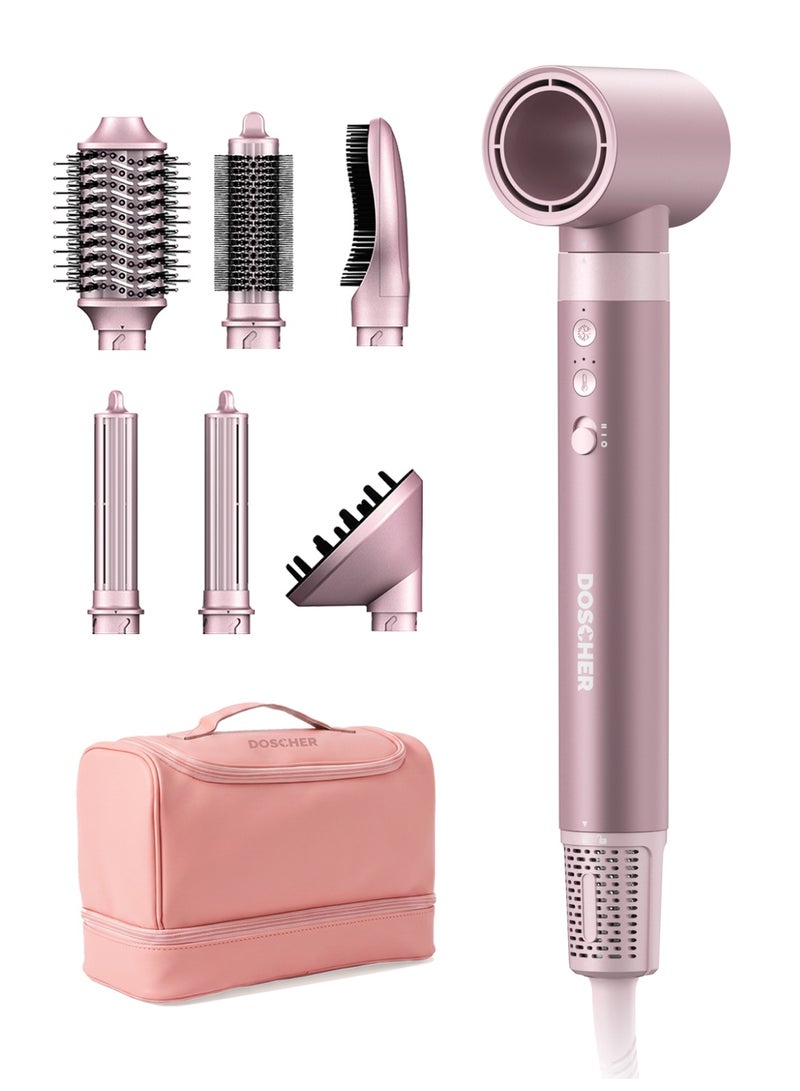 DOSCHER 1400W Professional 7-in-1 Hair Dryer & Styler with Hot Air Brush, Curling Wand, Diffuser Nozzles & Straightener Comb for Salon-Quality Styling at Home - Image 1