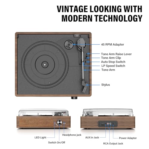 cotsoco Record Player for Vinyl with 2 Build-in Speakers LP Vinyl Players Belt-Driven Vintage Turntables 3 Speed 3 Size, Wireless Bluetooth Playback, AUX-in, RCA Out, Headphone, Auto Stop Wood - Image 2