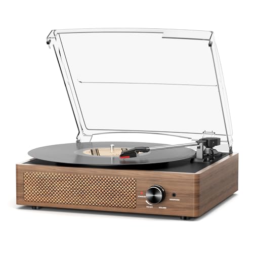 cotsoco Record Player for Vinyl with 2 Build-in Speakers LP Vinyl Players Belt-Driven Vintage Turntables 3 Speed 3 Size, Wireless Bluetooth Playback, AUX-in, RCA Out, Headphone, Auto Stop Wood - Image 1