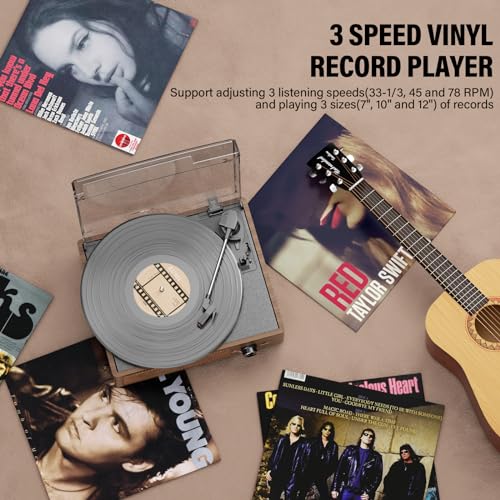cotsoco Record Player for Vinyl with 2 Build-in Speakers LP Vinyl Players Belt-Driven Vintage Turntables 3 Speed 3 Size, Wireless Bluetooth Playback, AUX-in, RCA Out, Headphone, Auto Stop Wood - Image 5