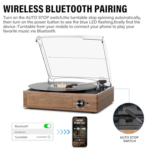cotsoco Record Player for Vinyl with 2 Build-in Speakers LP Vinyl Players Belt-Driven Vintage Turntables 3 Speed 3 Size, Wireless Bluetooth Playback, AUX-in, RCA Out, Headphone, Auto Stop Wood - Image 3