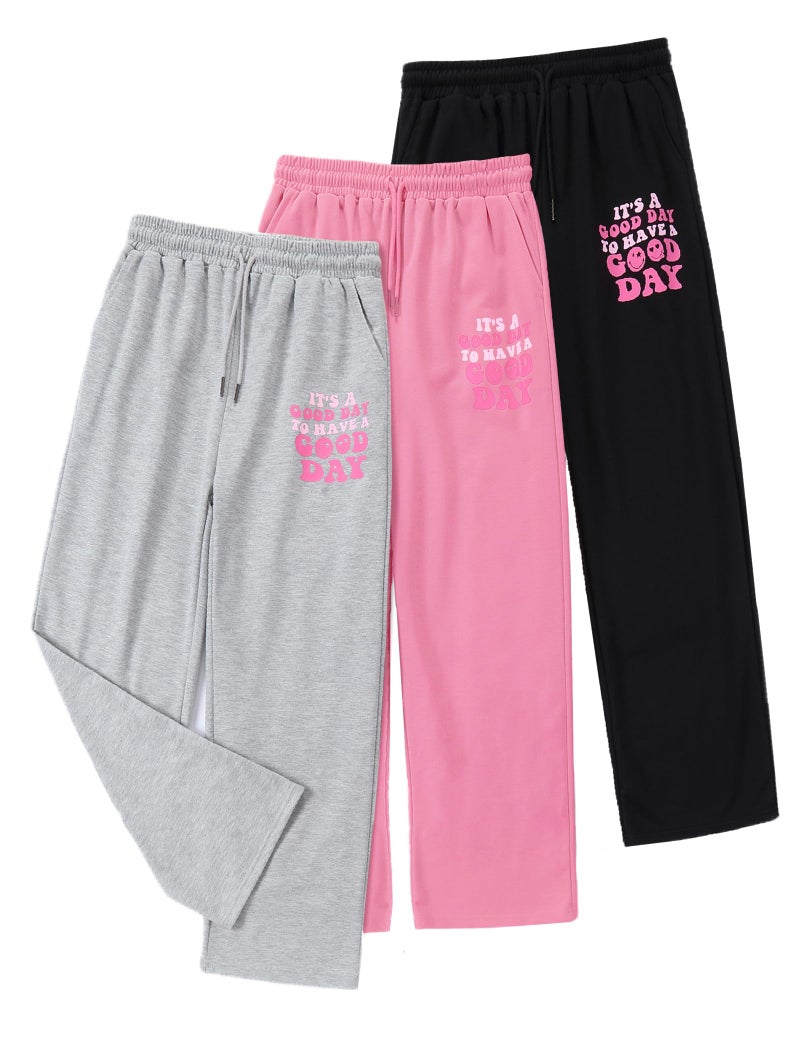 EXARUS Girls Sweatpants Wide Leg Sweat Pants 3 Pack Kids with Pockets Drawstring High Waisted Preppy Cute Youth Pants 12Y - Image 1