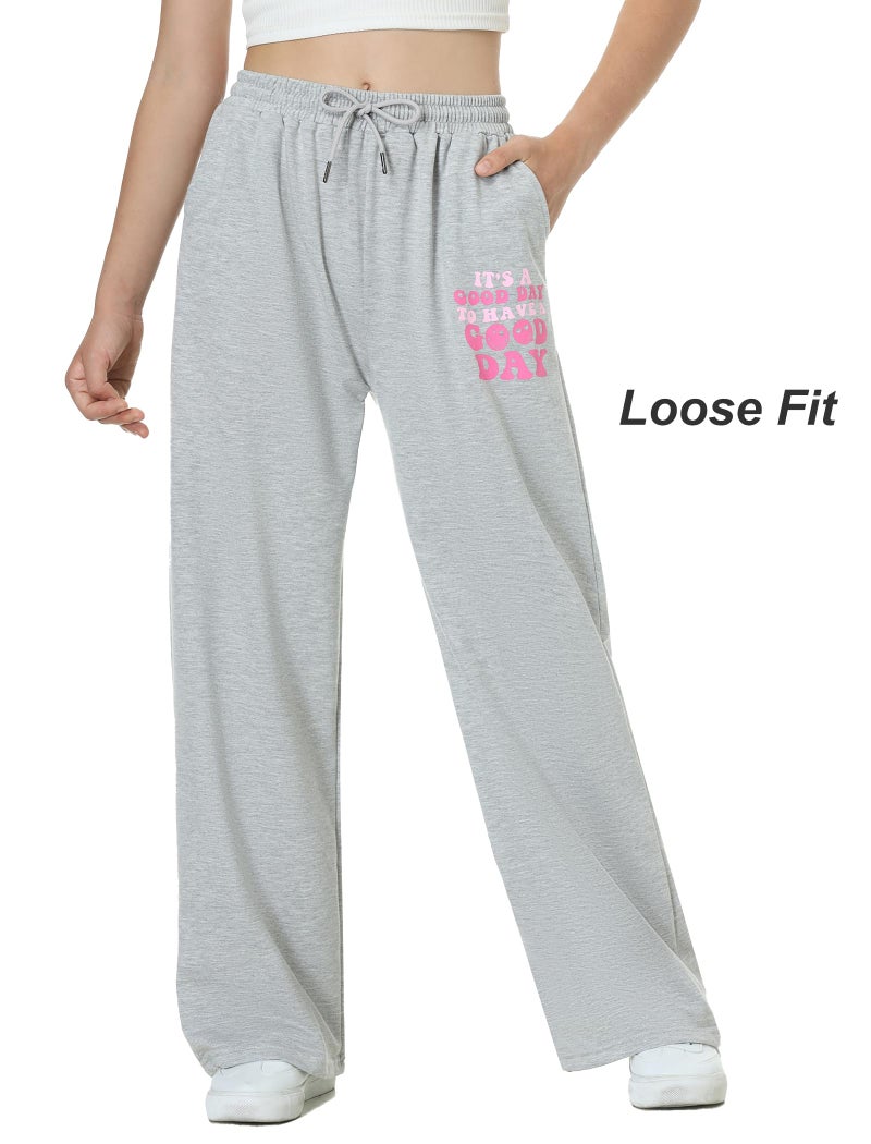 EXARUS Girls Sweatpants Wide Leg Sweat Pants 3 Pack Kids with Pockets Drawstring High Waisted Preppy Cute Youth Pants 12Y - Image 2