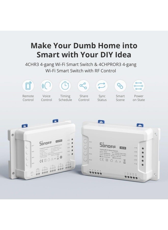SONOFF 4CH Pro R3 Wi-Fi Smart Switch 4-Channel Din Rail Mounting Home Automation,Self-Locking/Interlock Control Home Appliances, RF/APP/Voice/LAN Control, Works with Alexa(1 Pack) - Image 2