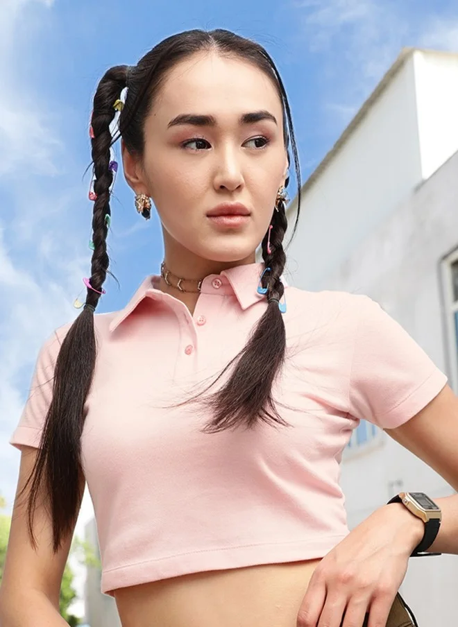 STREET 9 BASICS Pink Polo Collar Crop T-Shirt for Women